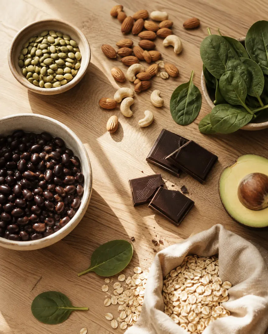 Alimentos ricos em magnésio sobre mesa de madeira clara: sementes de abóbora, amêndoas, castanhas, espinafre, feijão-preto, chocolate amargo, abacate e aveia