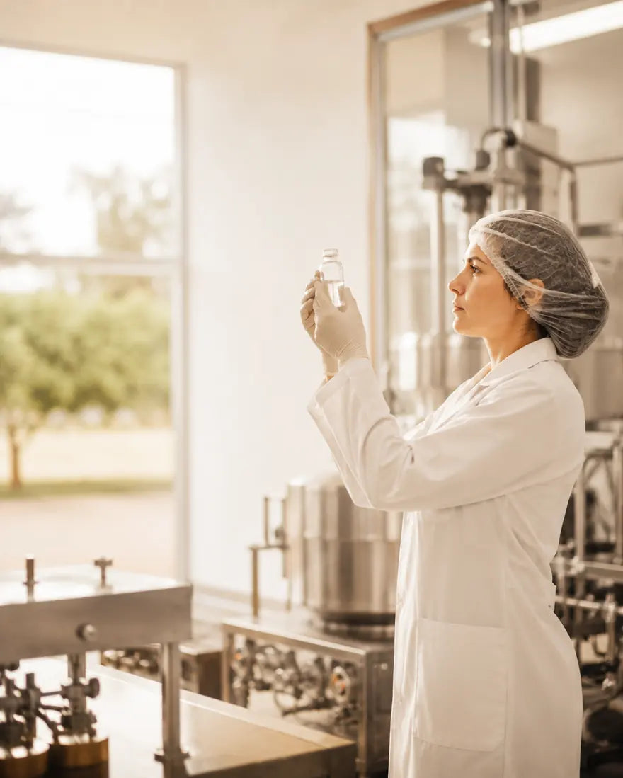 Técnica de controle de qualidade examinando um frasco de amostra contra a luz em uma fábrica de suplementos
