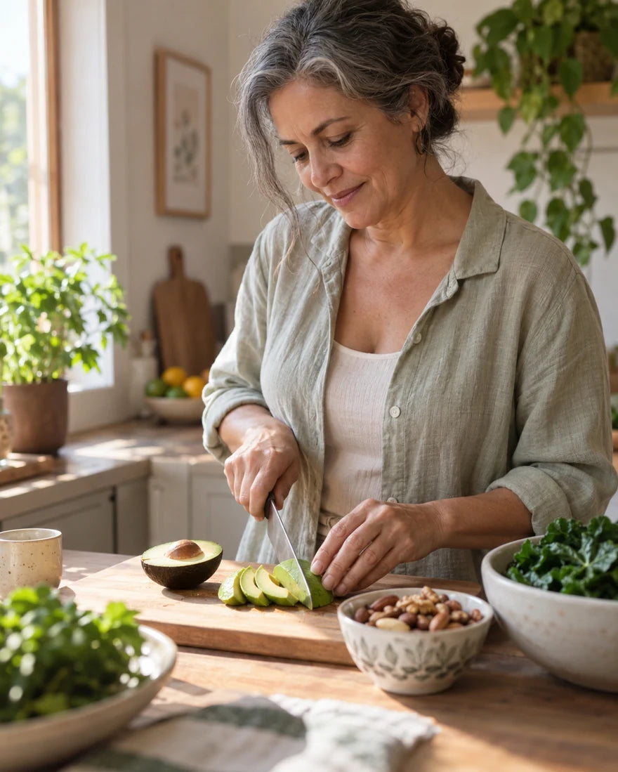 Mulher adulta preparando alimentos frescos na cozinha, com luz natural